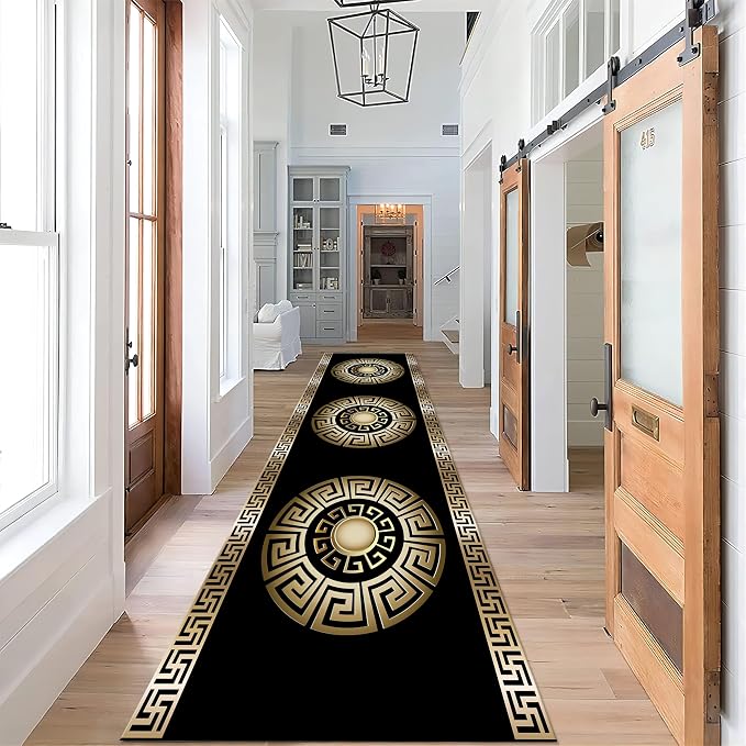Black Gold Geometric Hallway Runner Rug, Vintage Greek Key Entryway Carpet - Image 2