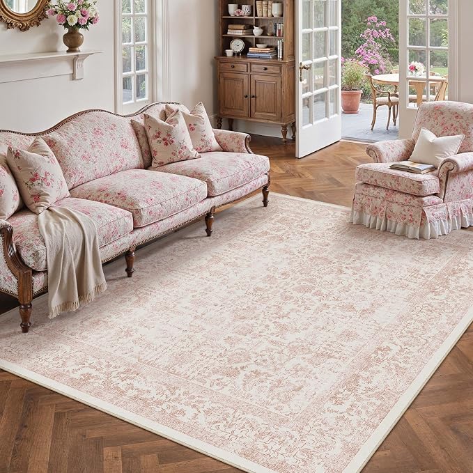 Pink Area Rug 5x7 Machine Washable Vintage Living Room Distressed Non Slip - Image 5