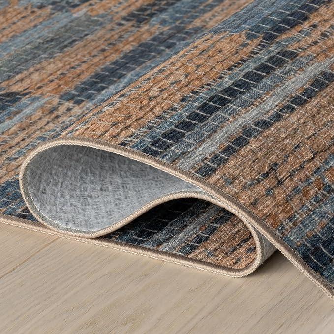 Dash & Albert Ravel Stripe Blue Machine Washable Rug, 3 X 5 Feet, Tan/Blue - Image 5