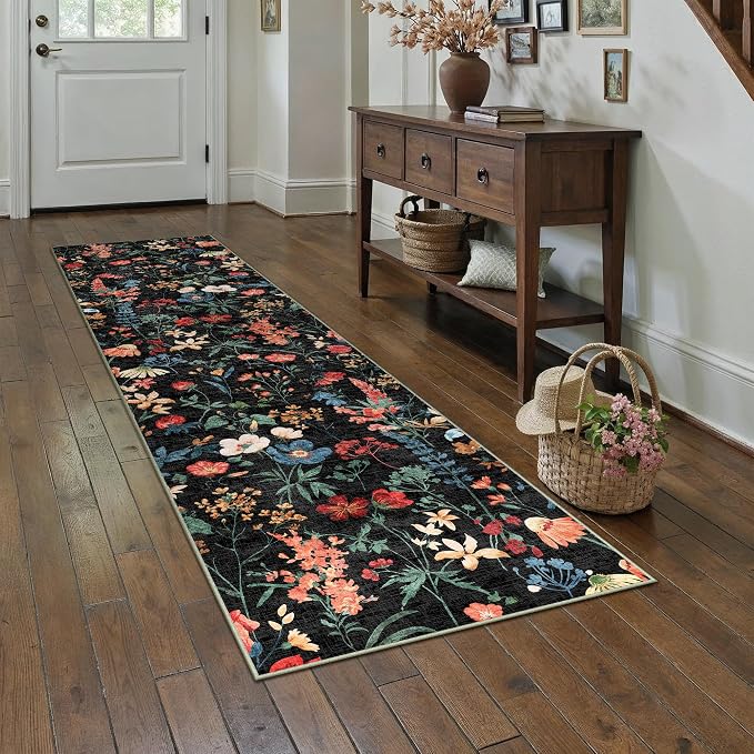 Floral Runner Rug 2x5 Washable Hallway Long Black Bedroom Carpet Non Slip by PureCozy