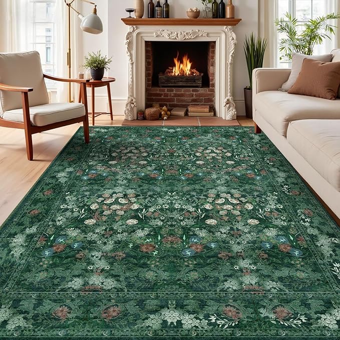 Green Floral 8x10 Living Room Area Rug, Washable Vintage Distressed Rug by Lunasun
