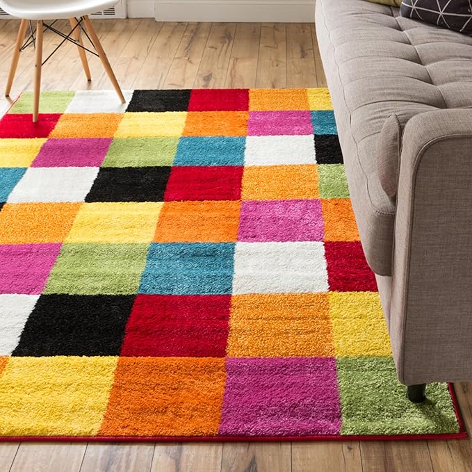 Well Woven Modern Rug Squares Multi Geometric Accent Area Rug Entry Way Bright by WellWovenRugs
