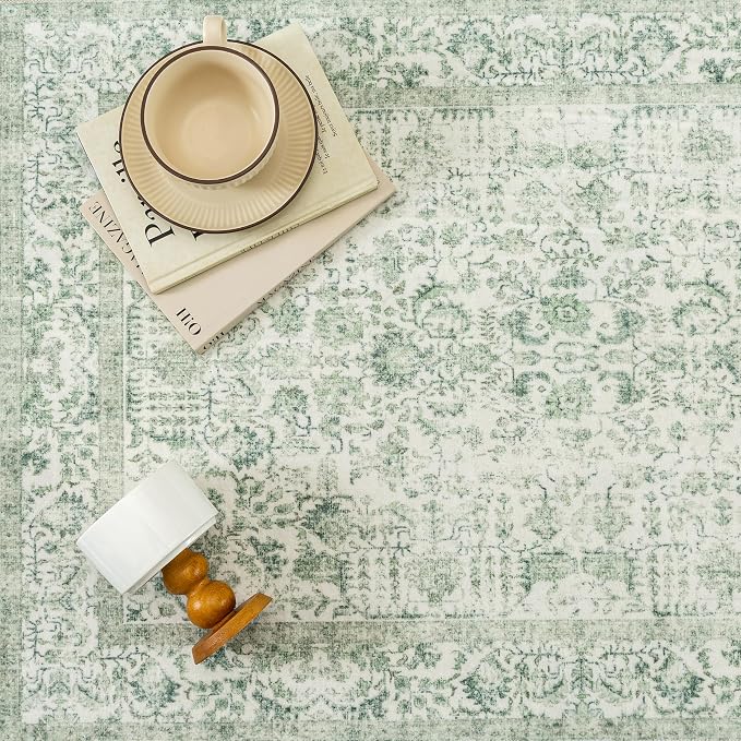 Sage Green Area Rug 4x6 Washable Office Entryway Carpet Vintage Distressed Non - Image 7