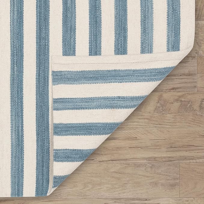 Home Conservatory Ladder Stripe Blue/Ivory Handwoven Wool 5 X 8 Feet - Image 5