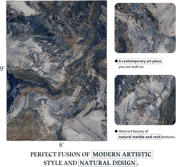 Modern Washable Rug for Living Room: Abstract 6x9 Area Rugs for Bedroom Low - Image 2