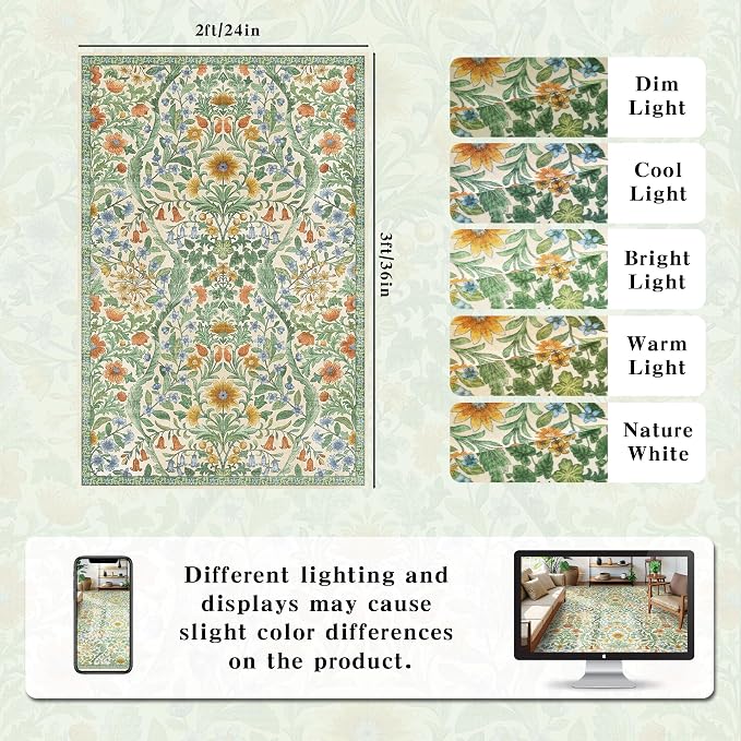 Floral 2x3 Entryway Rug, Washable Front Door Mat Indoor Non Slip Low Pile Small - Image 2