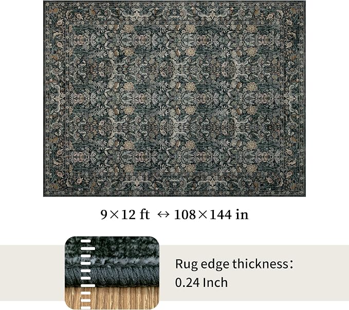 Washable Living Room Rug: 9x12 Boho Floral Soft Area Rug - Image 2