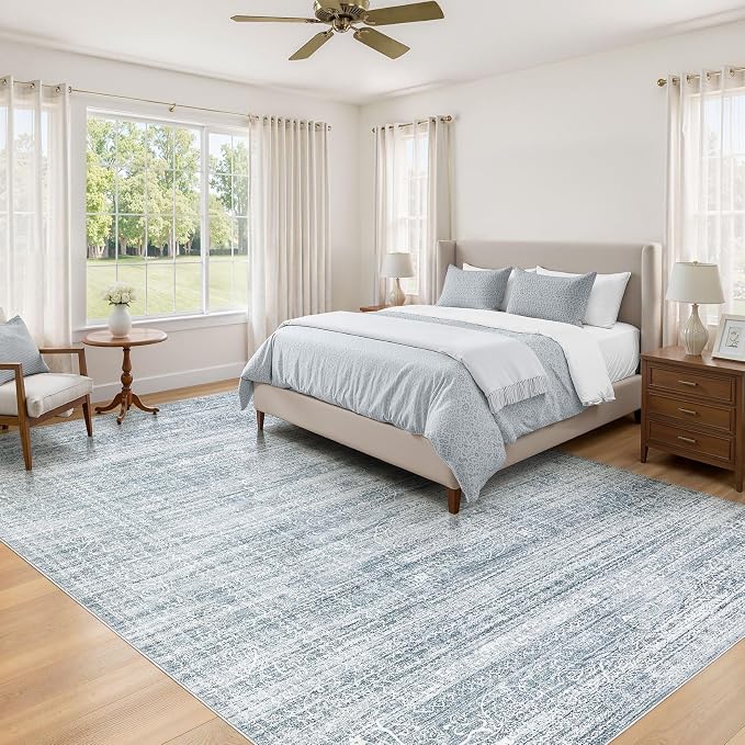 5x7 Area Rugs Living Room: Washable Large Vintage Blue Rug Neutral Non-Slip - Image 5
