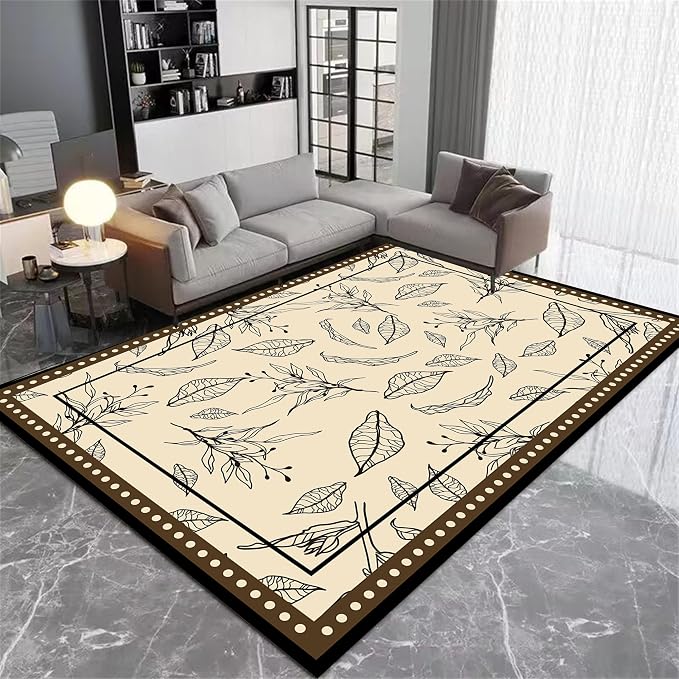 Medieval French Style Area Rugs 5x7ft, Off-White Botanical Leaf Pattern Rug - Image 3