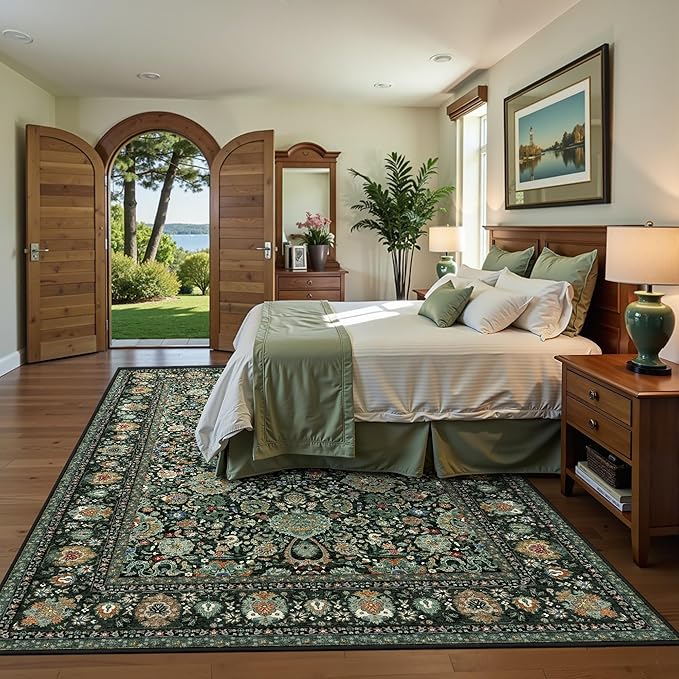 Dark Green Floral Living Room Rug 5x7 Washable Rugs Boho Vintage Oriental Large - Image 7