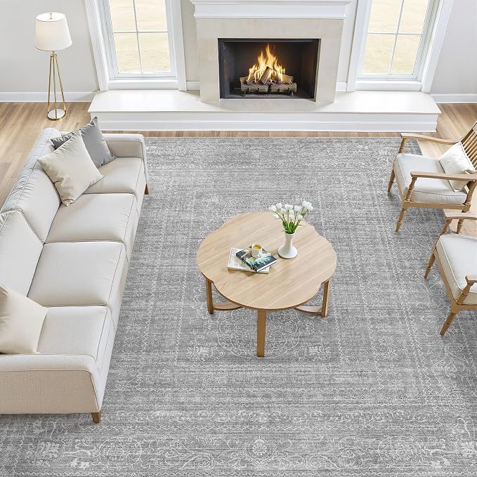 10x12 Area Rug Living Room: Washable Large Vintage Grey Rug Neutral Non-Slip - Image 5