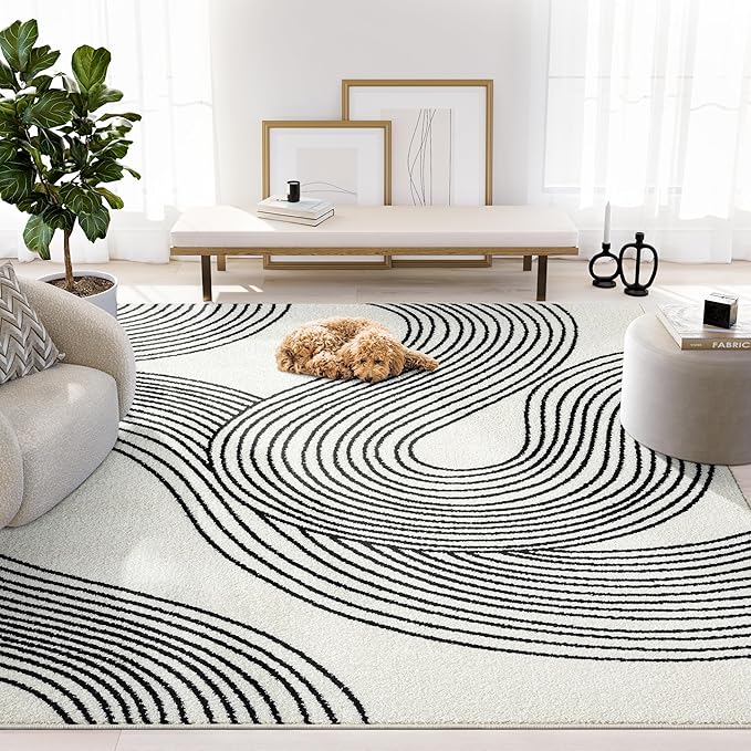 Abani Nuevo Beige Black Swirls Modern Area Rug 6' x 9' by Abani