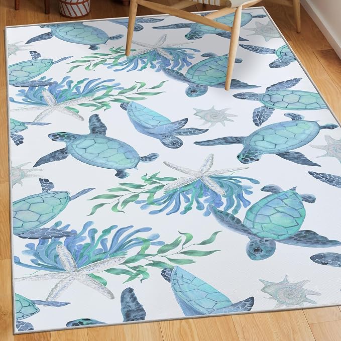 Tritard Coastal Sea Turtles Area Rugs Beach Themed Nautical Starfish Coral - Image 2