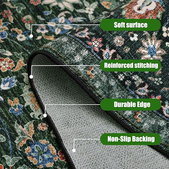 Dark Green Floral Living Room Rug 5x7 Washable Rugs Boho Vintage Oriental Large - Image 5
