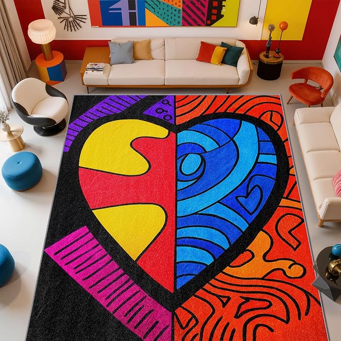 Abstract Rug, Colorful Pop Art Area Rug 6x8, Hippie Aesthetic Funky Low Pile - Image 2