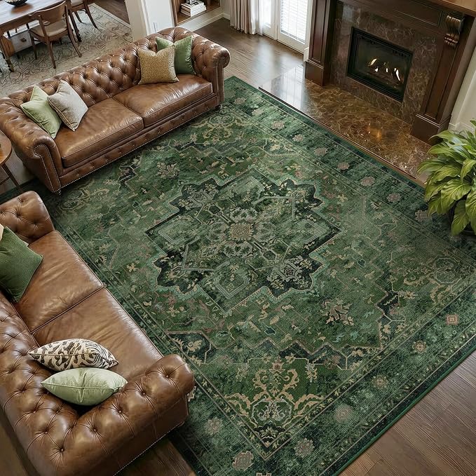 Retro Green Area Rug 7x9 for Living Room, Distressed Medallion Dining Room Rug by Jainmy