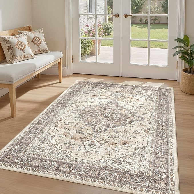 4x6 Area Rug Washable Rugs: Boho Large Neutral Vintage Soft Rugs Stain by LOONGRUG