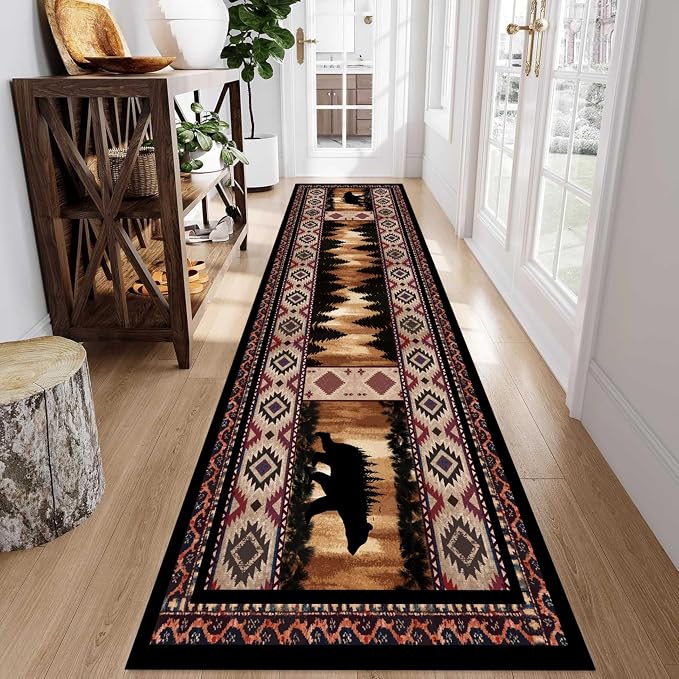 Rustic Cabin Bear Runner Rug, Native American Long Runner Rug, Wildlife Black - Image 3