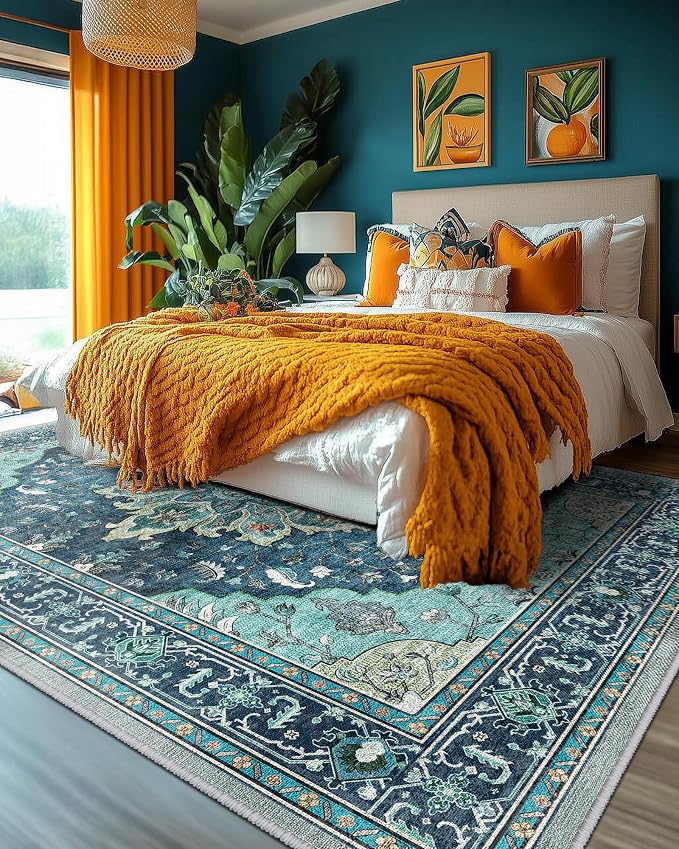 Area Rugs 10'x12' Washable Non-Slip, Floral Vintage Distress Print Pattern - Image 3