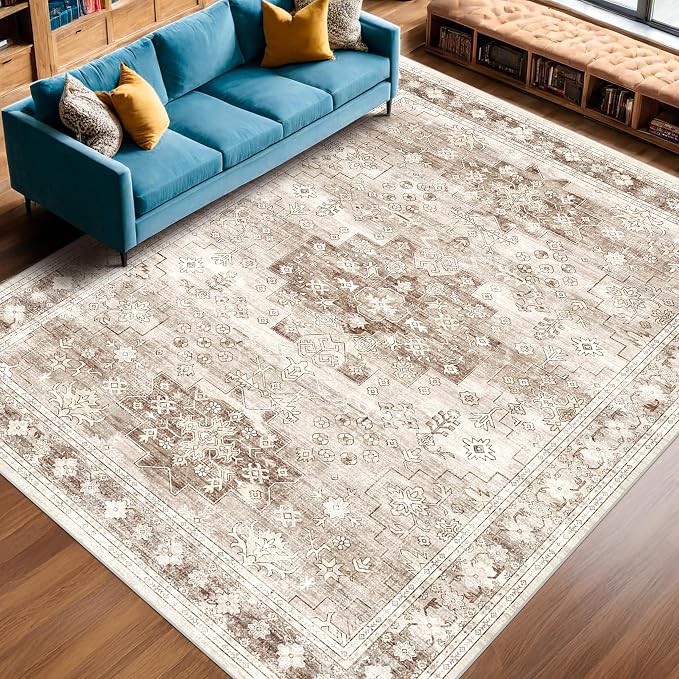 Washable Neutral Farmhouse Living Room Rug, 6x9 Area Rugs by HazoHaus
