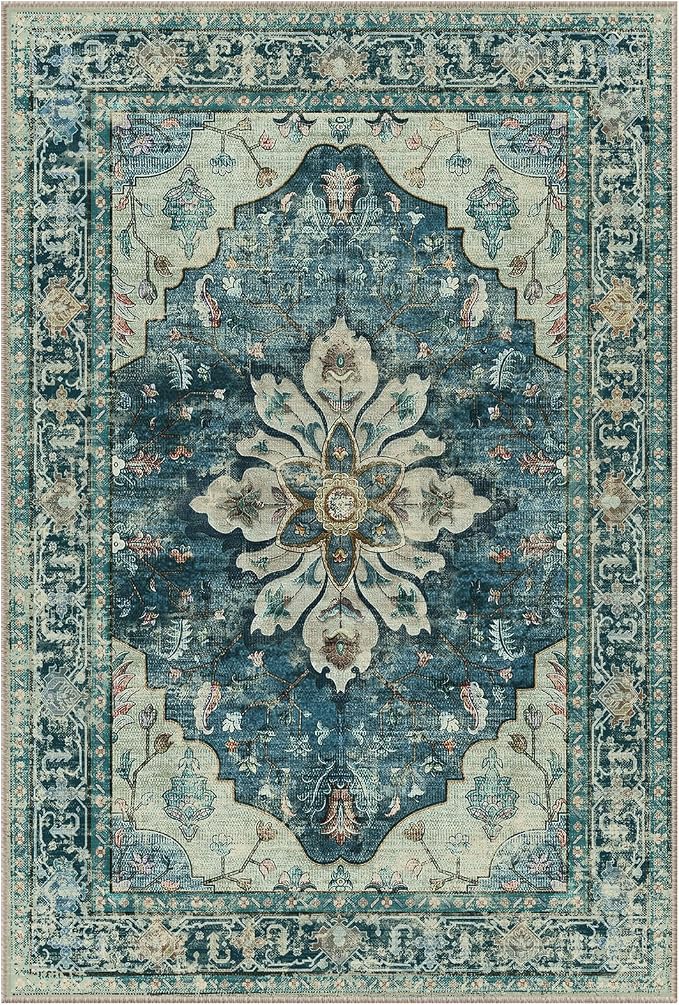 Area Rugs 3'x6' Washable Non-Slip, Floral Vintage Distress Print Pattern by RELEANY