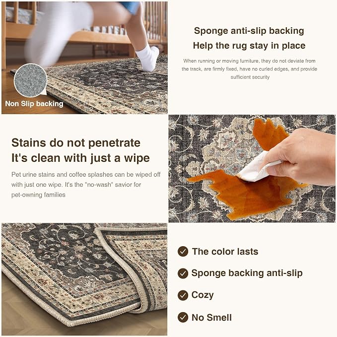 HUGEAR Machine Washable Hallway Runner Rugs 2x6 Vintage Black Neutral Style Non - Image 5