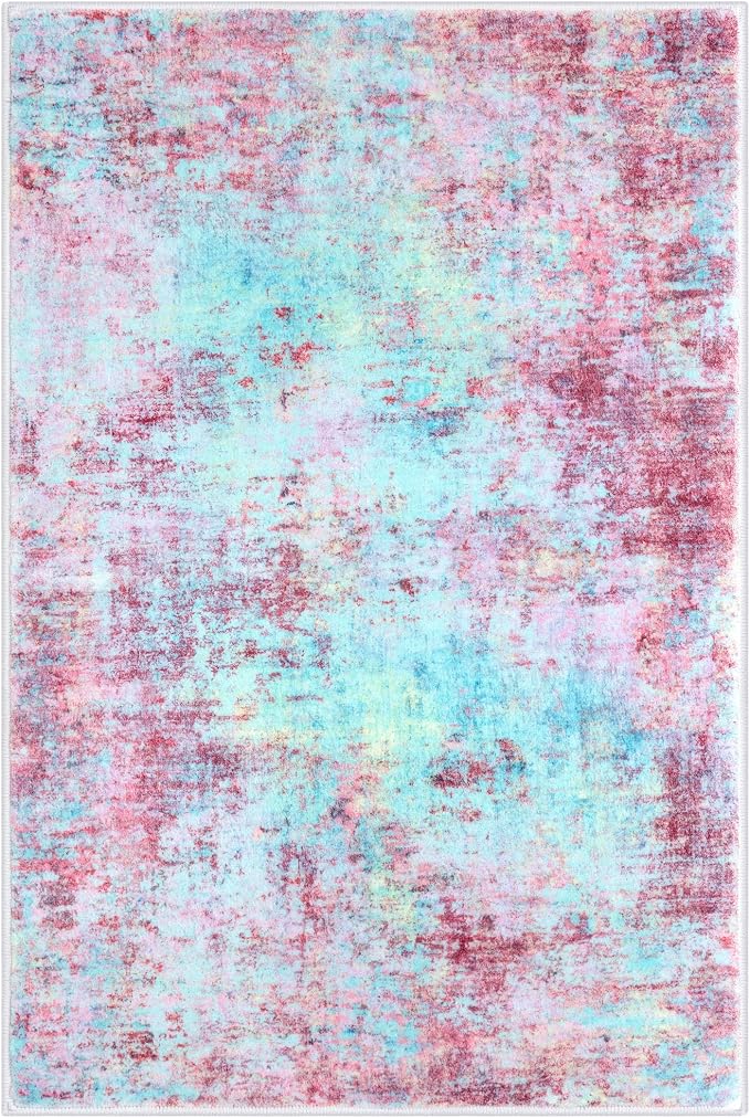 Modern Abstract 2x3 Girls Room Rug, Machine Washable Blush Pink Sky Blue Small - Image 9