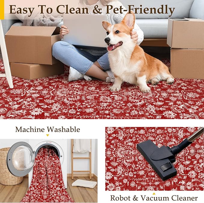 Christmas Runner Rug 2x6 Red Washable Hallway Carpet Retro Floral Holiday - Image 3