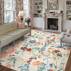 Beige Area Rug 8x10 Floral Washable Living Room Kitchen Boho Carpet Non Slip by PureCozy