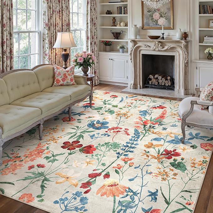 Beige Area Rug 6x9 Floral Washable Living Room Kitchen Boho Carpet Non Slip Low - Image 5