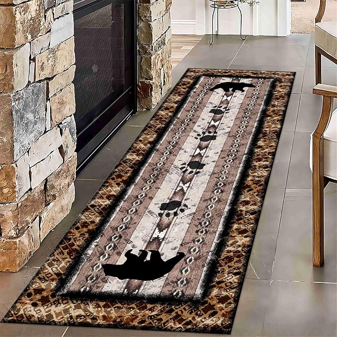 Unique Wildlife Runner Rug, Bear Border Design Area Rug, Rustic Log Cabin Runner - Image 2