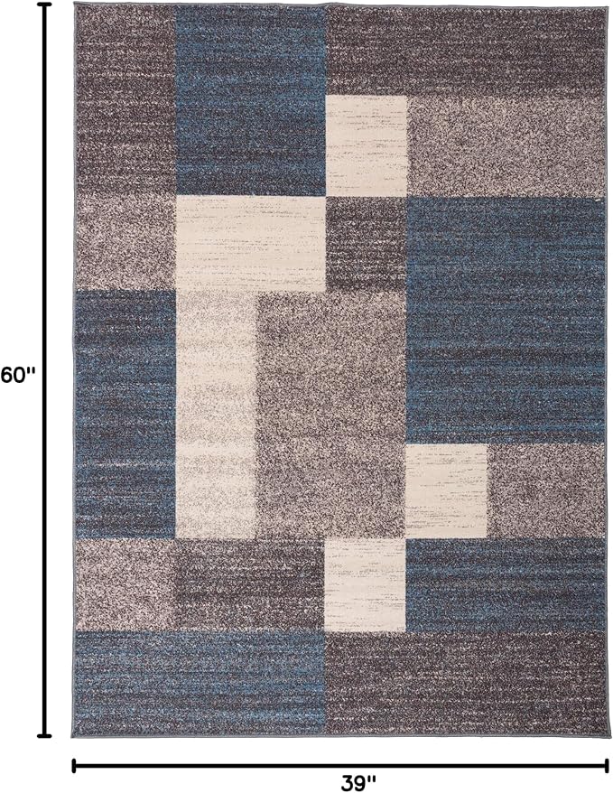 Rugshop Contemporary Blue Geometric Boxes Non-Slip Area Rug Non-Shedding - Image 2