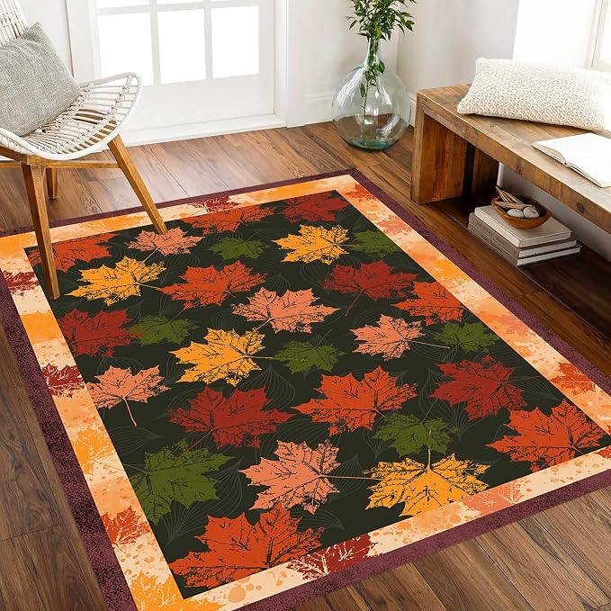 Fall Themed Area Carpet, Autumn Fallen Leaves Print Pattern Retro Rustic Style - Image 2