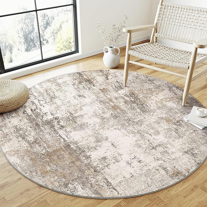 5x5 Washable Round Rug Brown Grey Abstract Living Room Bedroom Area Rug Neutral - Image 3