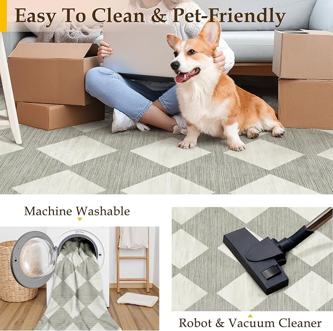 3x5 Checkered Area Rug Grey Machine Washable Small Rug Non-Slip Stain Resistant - Image 5
