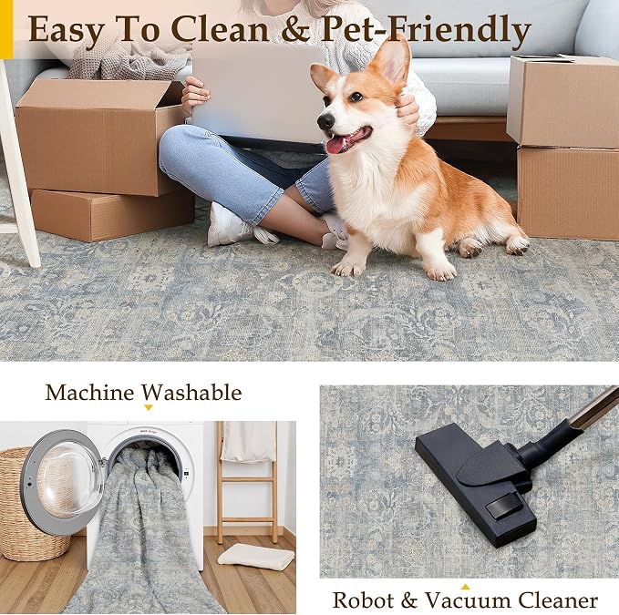 8x10 Blue Washable Area Rug for Living Room Bedroom Neutral Soft Non Slip Rug - Image 6