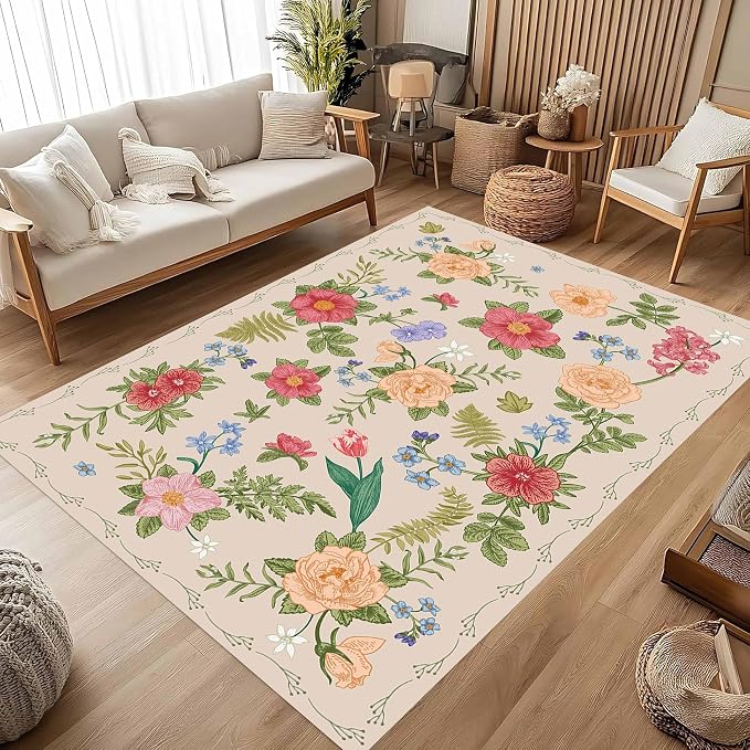 Rustic Flower Area Rug, Classic Colorful Bohemian Floral Pattern - Image 3