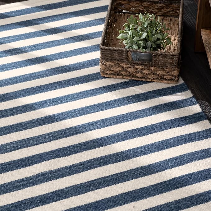 Home Conservatory Ladder Stripe Navy/Ivory Handwoven Wool 4 X 6 Feet - Image 4