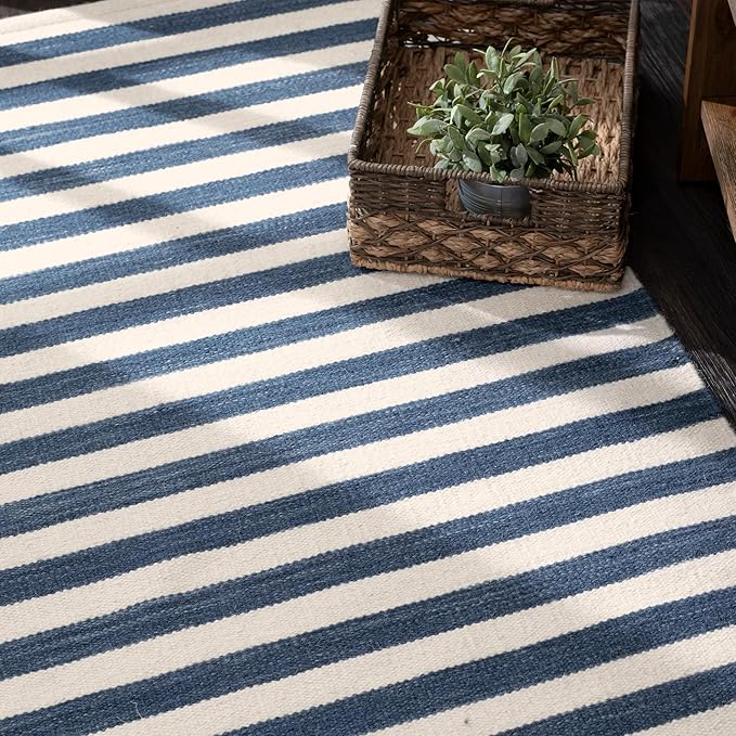 Home Conservatory Ladder Stripe Navy/Ivory Handwoven Wool 5 X 8 Feet - Image 4