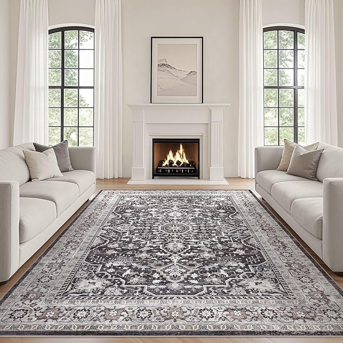 Black Rug Living Room Rugs: 7x10 Washable Boho Large Vintage Moody Soft Stain by LOONGRUG