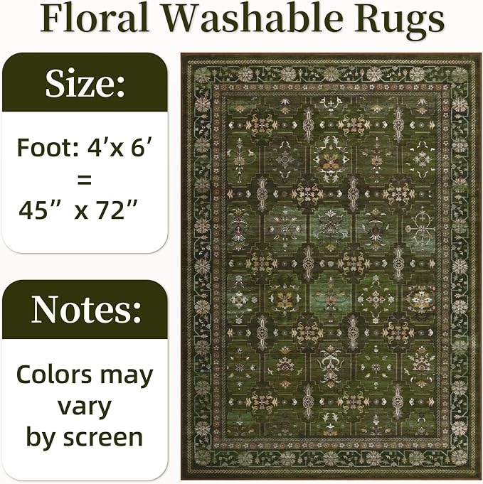 4x6 Area Rug for Bedroom Machine Washable, Non Slip Vintage Floral Kitchen Rugs - Image 2