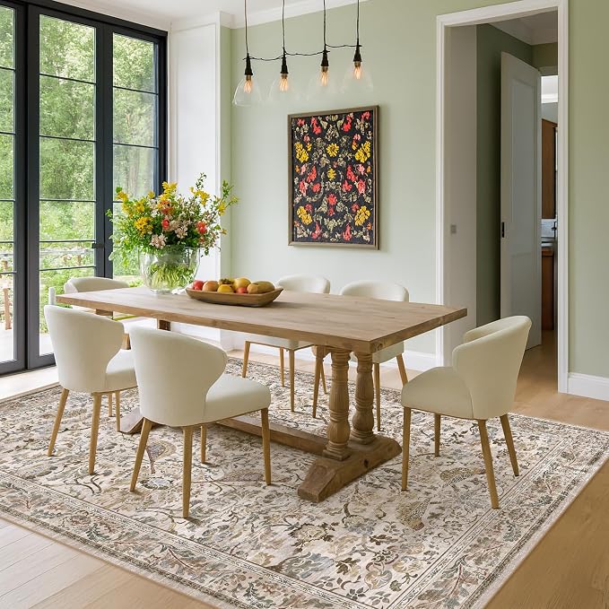 Moss Washable Dining Room Rug, 6x9 Floral Area Rug by HazoHaus