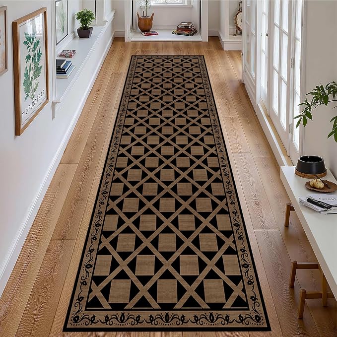 Minimalist Checkered Runner Rug, Floral Print Hallway Kitchen Runners Rugs - Image 3