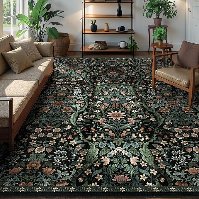 9x12 Black Vintage Floral Area Rug, Washable Large Boho Living Room Rugs by NakedCloud