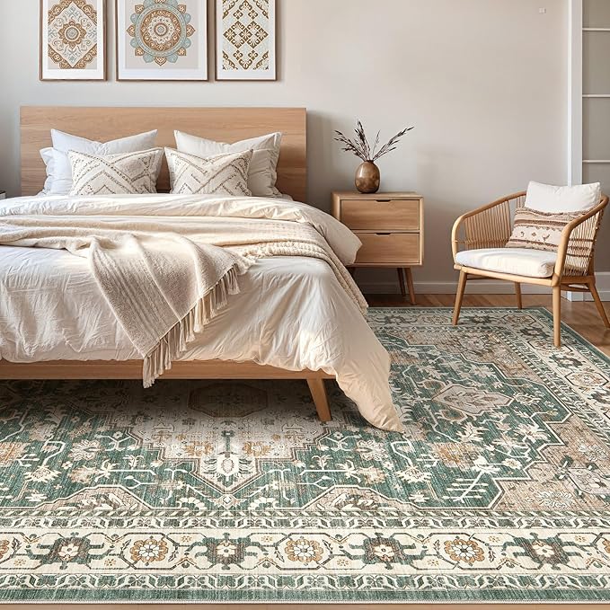Green Rug Living Room Rugs: 10x12 Washable Boho Large Vintage Soft Stain - Image 4
