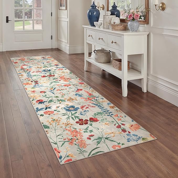 Floral Runner Rug 3x8 Washable Hallway Long Beige Bedroom Carpet Non Slip - Image 6