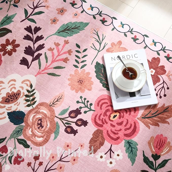 Rugcomf Area Rug 4x6 Rug Washable Boho Rugs Non Slip Low Pile Floral Small - Image 9