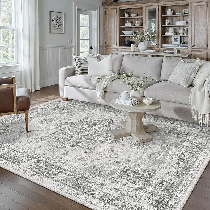 Gray 5x7 Area Rug Washable Vintage Living Room Carpet Non Slip Retro Distressed by PureCozy