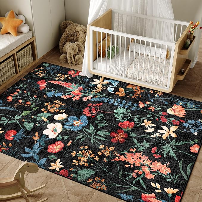 Black Area Rug 4x6 Office Floral Indoor Door Mat Washable Boho Kitchen Living - Image 5