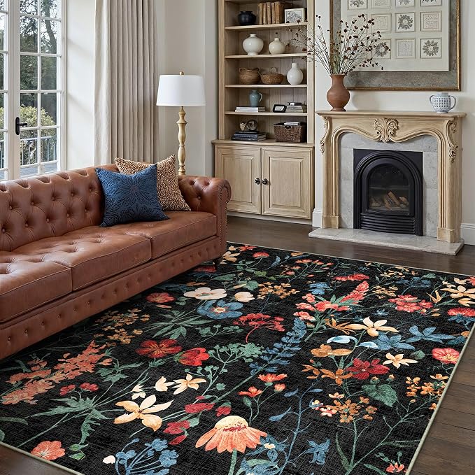 Black Area Rug 8x10 Floral Washable Living Room Kitchen Boho Carpet Non Slip - Image 5